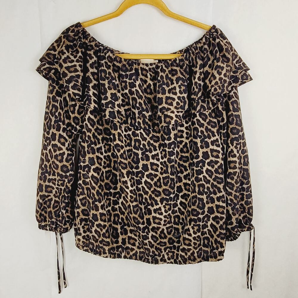 Michael‎ Michael Kors black leopard print ruffled neck top Med Maximal Mob Wife